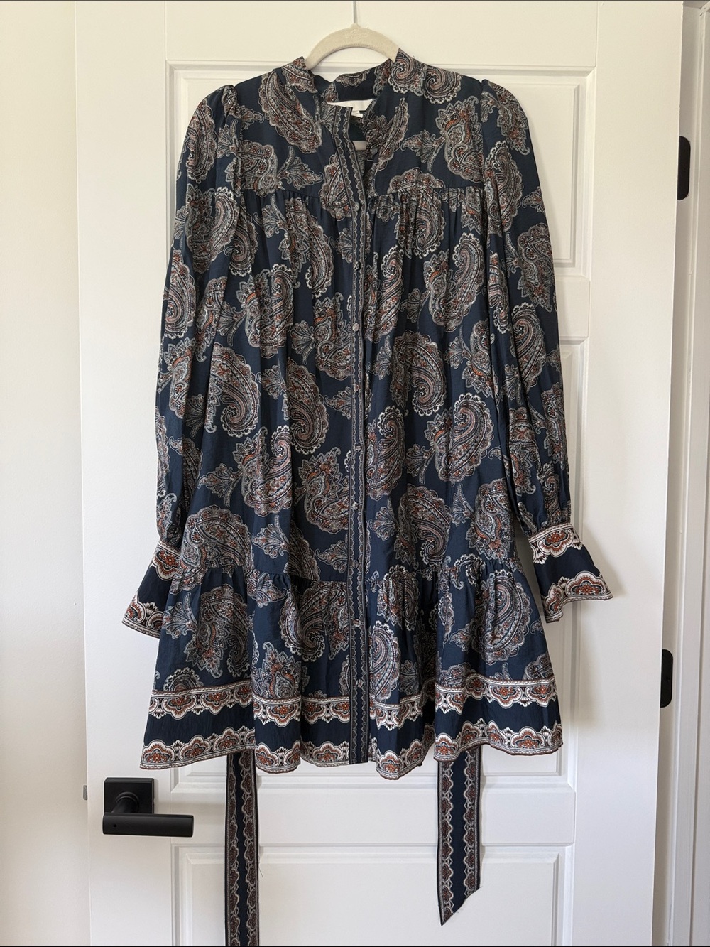 H&M Navy Paisley Tiered Midi Dress with Brown Accents